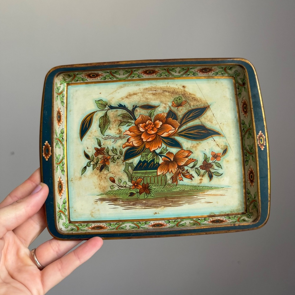 Vintage Daher Decorated Ware Tin Tray Made in England Floral Chinoiserie 8x6